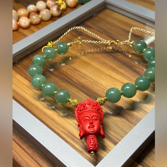 JADE AVENTURINE + CINNABAR BUDDAS HEAD NATURAL STONES CHOKER NECKLACE - Picture 4 of 9